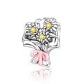 Silver flower charm with yellow zircon stone and pink enamel bow detail for DIY jewelry - Pink Bow Bouquet (CCT947)