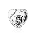 Charm de corazón de plata pulida con grabado Graduate y motivo de graduada para pulseras - Abalorio de Corazón de Niña de Graduación (CCT625)