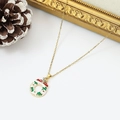 Macro detail of Christmas wreath pendant with red bow and green enamel on gold chain - White Enamel Christmas Wreath (W1625)