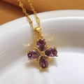 Collana placcata oro 18K con pendente a quadrifoglio e zircone viola per le donne - Stile Fiore a Croce (104 + Labbro)
