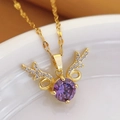 Gold-plated clover necklace featuring a faceted purple gemstone and sparkling zircon accents - Antler Angel Wing Style (462 + Lip)
