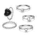 Vintage silver ring set 5 pieces with black heart moon and twisted band designs - Heart Moon Ring Set (HS1806-9)