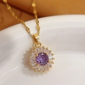 18K gold-plated necklace with a radiant purple zircon sunburst clover pendant - Sunflower Style (110+ Lip)