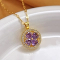 18K gold plated titanium necklace with purple clover pendant and micro-set cubic zirconia - Rotating Four-Leaf Clover Style (458+Lip)