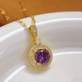 Collana a quadrifoglio placcata oro 18K con ciondolo in zircone viola tondo e micro-diamanti - Stile Cerchio con Gemma Viola (1063+Labbro)