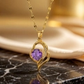 Collana in acciaio al titanio placcata oro 18 carati con grande zircone viola rotondo - Stile gemma viola a forma di cuore