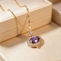 Collana placcata oro 18K con gemma viola ovale e ciondolo a corona con zirconi micro - Stile Corona Ovale con Strass Viola (109+Labbro)