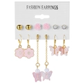 6-pair set of gold and pink butterfly earrings with pearls and floral tassels - Pink Butterfly Rose Artificial Pearl Style (HS630-1)