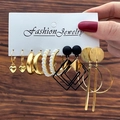 Set of six stylish geometric hoop and stud earrings in gold and black on card - Gold Heart Artificial Pearl Style (HS554-1)