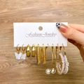 6-pair set of gold-tone butterfly and pearl hoop earrings on a fashion display card - Gold Butterfly Smooth Pearl Hoop Style