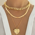 Three-layer gold necklace set featuring chunky Cuban chain, flat snake chain, and heart pendant - Multi-layer Heart Pendant Style (HS569-1)