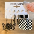 6-pair butterfly earring set with acrylic charms and checkerboard patterns - Black Hollow Butterfly And Checkerboard (WH0015-12)