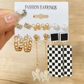 6-pair set of butterfly earrings featuring gold chain, faux pearls and checkered patterns - Checkerboard Pendant And Long Chain Butterfly (WH0015-11)