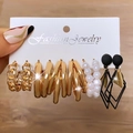 6-pair set of geometric gold earrings with pearls and black pendants on display card - Chain Artificial Pearl Circle Style (HS554-3)