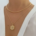 Layered gold curb chain and bead necklace with a detailed hexagon heart pendant - Layered Bead Chain Hexagon Heart Style (HS569-2)