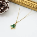 Minimalist gold necklace with a green enamel Christmas tree pendant and white zircon stones - Red Star Green Leaf Tree (W1642)
