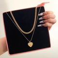 Golden double-layer chain necklace with heart pendant in a pink jewelry box - Layered Curb Chain Heart Pendant Style (HS569-3)