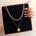 Double-layer gold necklace with chunky cuban link and sunburst pendant in pink gift box - Bead Chain Sunburst Pendant Style (HS569-4)