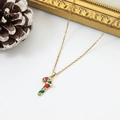 Christmas necklace with gold candy cane pendant featuring red and green enamel accents - Candy Cane with Colorful Stones (W1644)