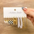 6-pair set of gold fashion earrings with pearl butterfly and checkered heart designs - Butterfly Checkerboard Heart Pearl Hoop Style