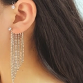 Elegant silver long tassel clip earrings with crystals and shimmering heart cuff - Left Ear / Silver Tassel (25#)
