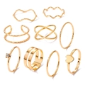 Lot de 9 bagues dorées avec motifs vagues et breloque cœur pour un look bohème empilé - Collection de Bagues Nœud Perle (HS1957-7)