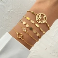 5-piece gold chain bracelet set with world map and heart charms on woman's wrist - Gold Map And Multi-Heart Charm Set (HS1544-16)
