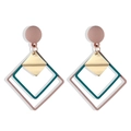 Detail of geometric rhombus earrings with layered blue and pink square resin frames - Pink and Teal (HS667-1)