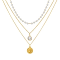 Elegant multi-layer gold necklace with faux pearls and vintage coin pendant for women - Gold Triple Layer Coin Pearl Necklace (HS665-3)