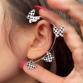 Silver butterfly ear cuff with black and white checkerboard pattern worn on the ear - Left Ear / Checkerboard Butterfly (28#)