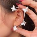 Sparkling butterfly ear cuff wrap with white enamel and crystals in silver finish - Left Ear / Silver Butterfly (32#)