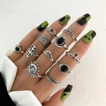 Vintage silver butterfly snake ring set with 11 pieces featuring black gemstones - Crown Cross Feather Black Gem (HS1475-15)