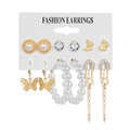 Golden 6-pair earring set featuring pearl studs, crystal accents, and butterfly charms - Pin Butterfly Bowknot Style (HS630-12)
