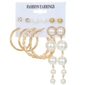 6-pair set of gold-tone earrings with long pearl tassels and crystal studs on card - Artificial Pearl Rhinestone Hoop Style (HS630-13)