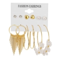 6-pair set of gold-toned alloy earrings with faux pearls and long tassels - Heart Artificial Pearl Tassel Hoop Style (HS630-21)
