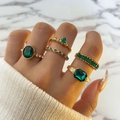 Set de 5 anillos vintage dorados con cristales azul real y piedras preciosas verdes - Estilo Verde (HS874-4)
