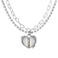 Doppellagige silberne Halskette mit Herzanhänger und weißem synthetischem Opal - Doppellagige Hohle Herz Tenniskette Weißer Edelstein (HS891-6)