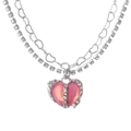 Doppelreihige rosa Herzkette mit silberner Herzgliederkette und Zirkon-Tennisarmband - Doppellagige Herzkette Tenniskette Rosa Großes Herz (HS891-7)
