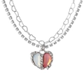 Zweilagige silberne Halskette mit rosa Herzanhänger und schimmernden Kristallketten - Doppellagige Hohlkette Strass Rot Weißes Herz (HS891-8)