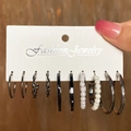 Lot de 6 boucles d'oreilles rétro françaises argent et gunmetal avec perles - Ensemble de 6 Paires Texturé Perles Artificielles Noir (HS529-18)