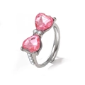 Anillo ajustable de plata con lazo de cristal rosa en forma de corazón y detalles - Corazón Rosa Lazo Plata (HS924-8)