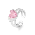 Anillo ajustable de plata con gema de corazón rosa y superficie texturizada - Corazón Rosa Textura Rugosa (HS924-13)