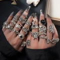 24-piece vintage punk ring set with skull, spider, and poker designs in antique silver finish - HS1089-1 Style