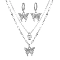 Détail d'un ensemble collier double couche papillon et boucles d'oreilles en zircon argent - Ensemble collier et boucles d'oreilles / Argent