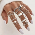 17-delige zilveren ringenset met vlinders, hartjes en parels voor dames mode - Verstelbaar Open / Vlinder Holle Parelstijl (HS701-35) / 21-delige set / Zilver