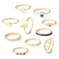 10-teiliges goldenes Ring-Set mit Schmetterling und Bösem Blick im Vintage-Stil - 10-teiliges Set / Gold Schmetterling Böser Blick Edelstein Stil (HS1418-8)