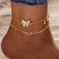 Zweilagiges goldenes Schmetterling-Fußkettchen-Set mit Strass und Figaro-Kette - Gold Strass Schmetterling Mehrschichtiges Set (HS1419-4)