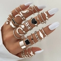 22-delige vintage zilveren ringenset met vlinder en zwarte steen voor damesmode - Verstelbaar Open / Retro Zilveren Zwarte Steen Stijl (HS701-39) / 27-delige set / Zilver