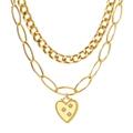 Zweilagige goldene Halskette mit Panzerkette und sternbesetztem Herzanhänger - Gold Herz Sternschliff Zweilagig Stil (HS968-13)