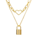 Zweilagige Goldkette mit Herz- und Schlossanhängern im Retro-Hip-Hop-Stil für Damen - Gold Herz Vorhängeschloss Zweilagig Stil (HS968-16)